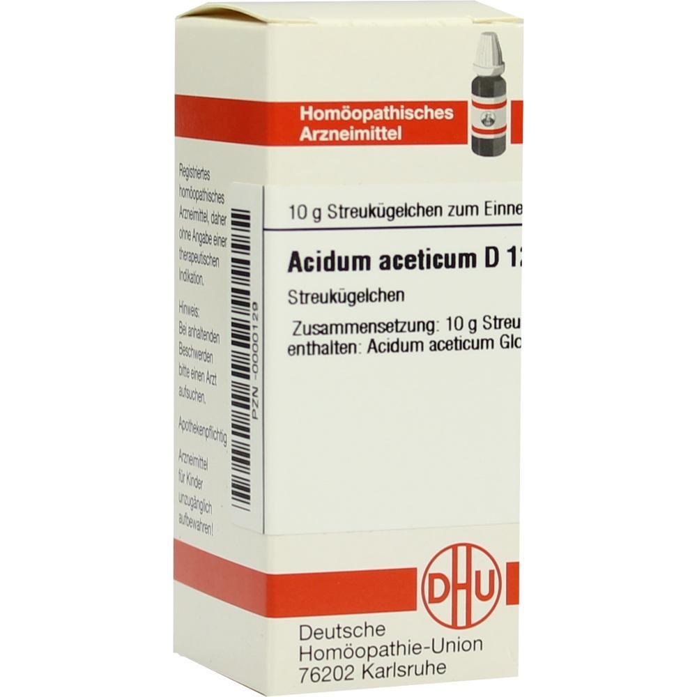 Weiße Medikamentenschachtel mit rotem Streifen und Aufschrift "Acidum aceticum D12".