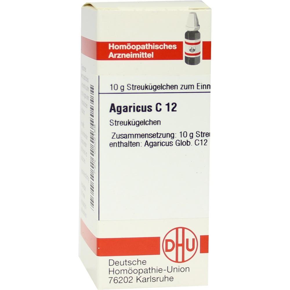 Weiße Packung homöopathischer Streukügelchen mit der Aufschrift "Agaricus C 12".