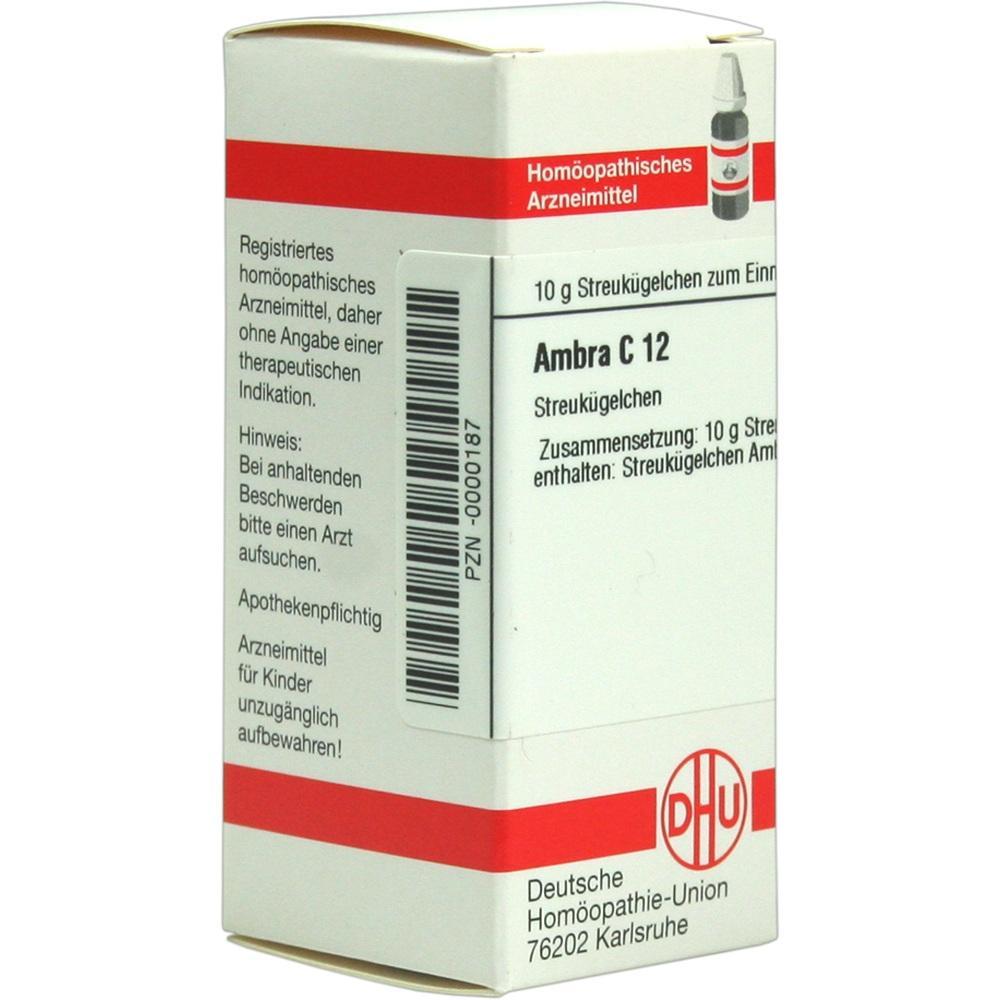 Weiße Schachtel mit homöopathischem Mittel namens Ambra C 12.