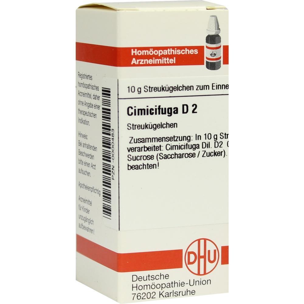 Eine Packung homöopathische Streukügelchen namens Cimicifuga D2.