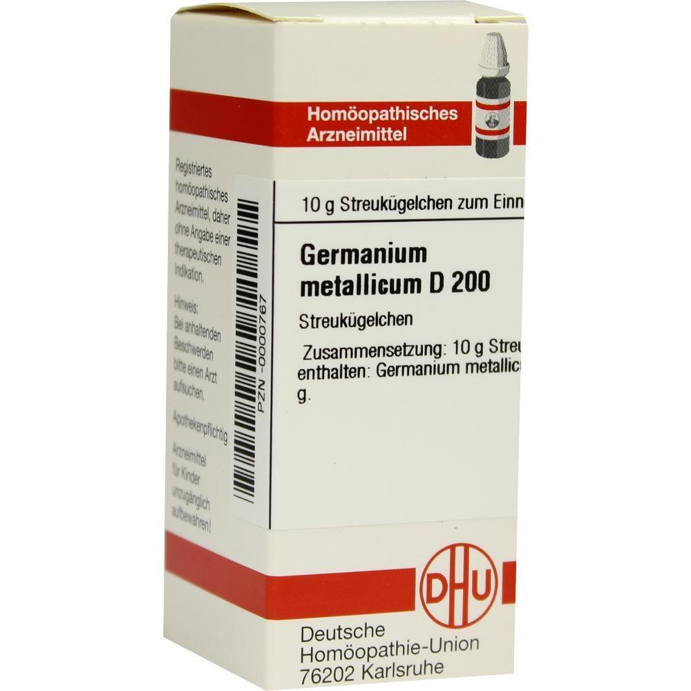 Eine weiße Box mit homöopathischem Arzneimittel "Germanium metallicum D 200".