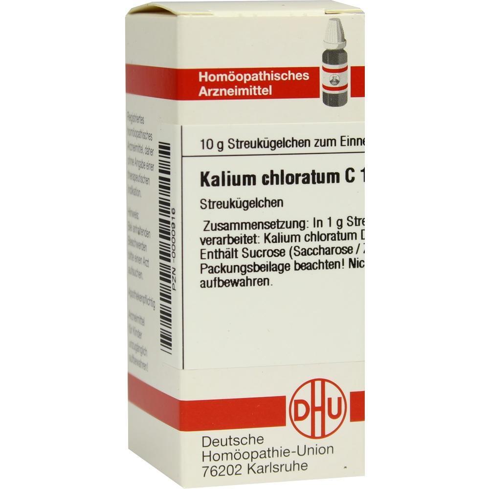Eine Packung homöopathischer Streukügelchen mit der Aufschrift "Kalium chloratum C".