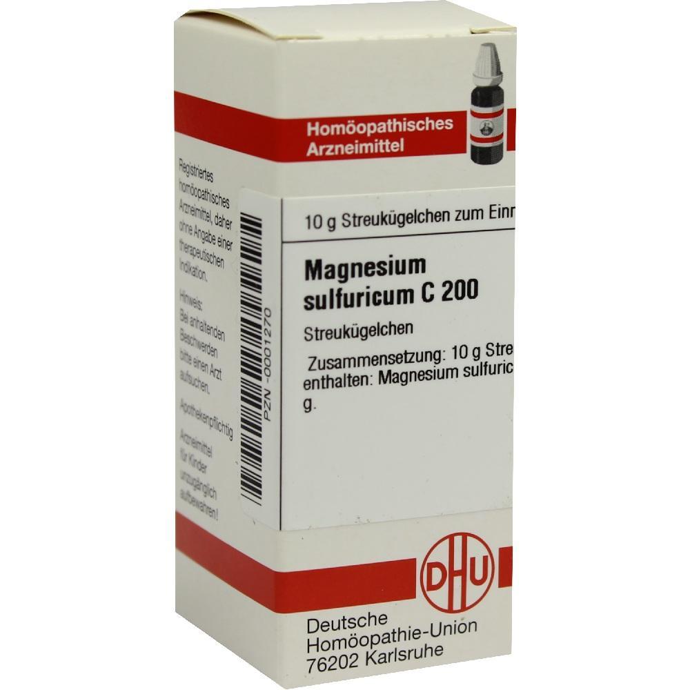 Pappschachtel mit der Aufschrift "Magnesium sulfuricum C 200, Streukügelchen".