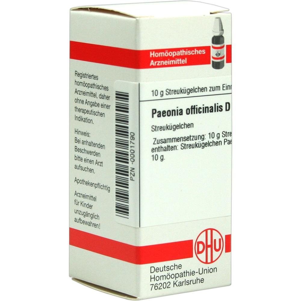 Weiße Verpackung mit rotem Streifen, homöopathisches Mittel "Paeonia officinalis".