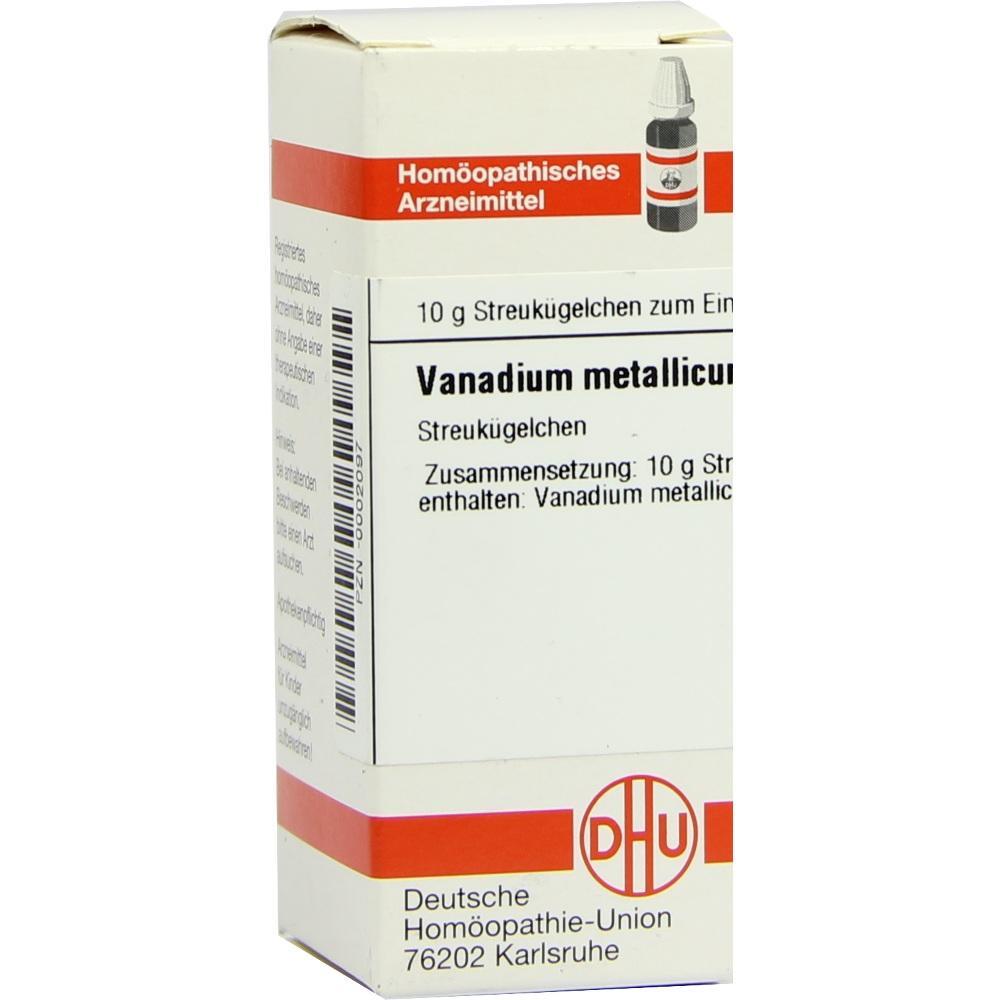 Eine Packung homöopathischer Streukügelchen namens Vanadium metallicum.