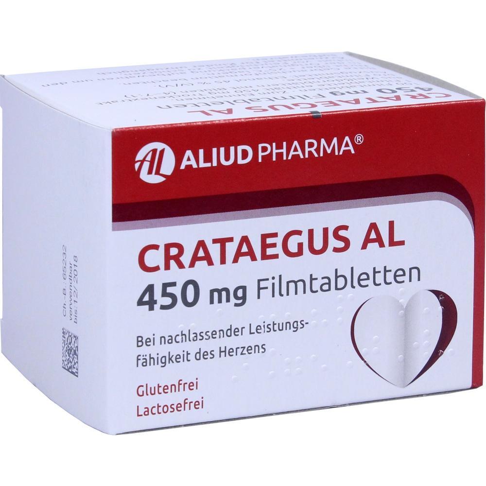 Eine Schachtel Crataegus AL 450 mg Filmtabletten gegen Herzleistungsschw&auml;che.