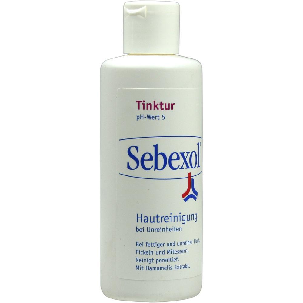 Weiße Flasche mit Sebexol-Tinktur zur Hautreinigung bei Unreinheiten.