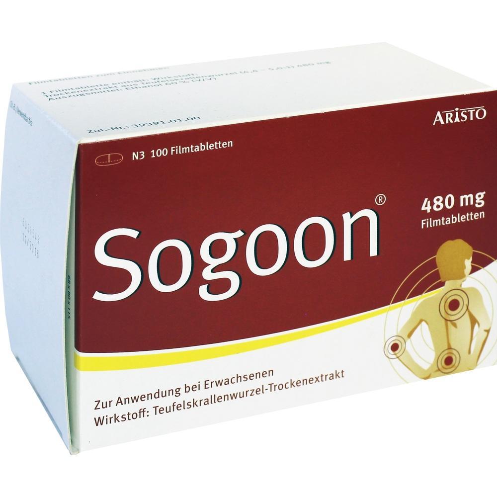 Verpackung von Sogoon-Tabletten zur Schmerzlinderung.