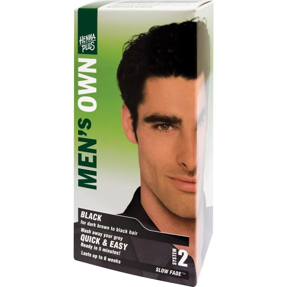 Verpackung einer schwarzen Haartönung für Männer mit einem Porträt eines Mannes.