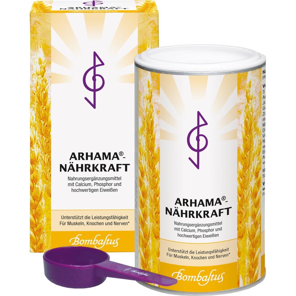 Eine Dose mit Nahrungsergänzungsmittel steht vor einer Verpackung, daneben ein lila Messlöffel.