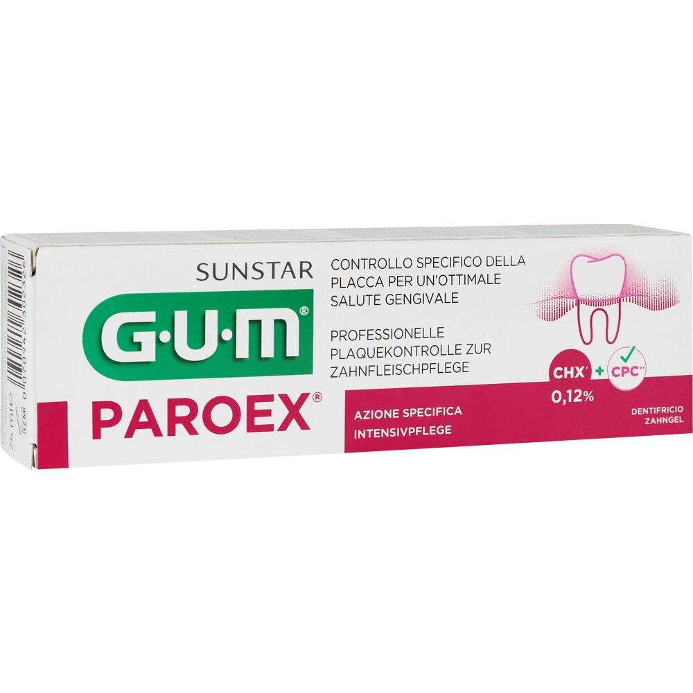 Eine Zahnpasta-Packung der Marke GUM mit der Aufschrift "PAROEX" für Zahnfleischpflege.