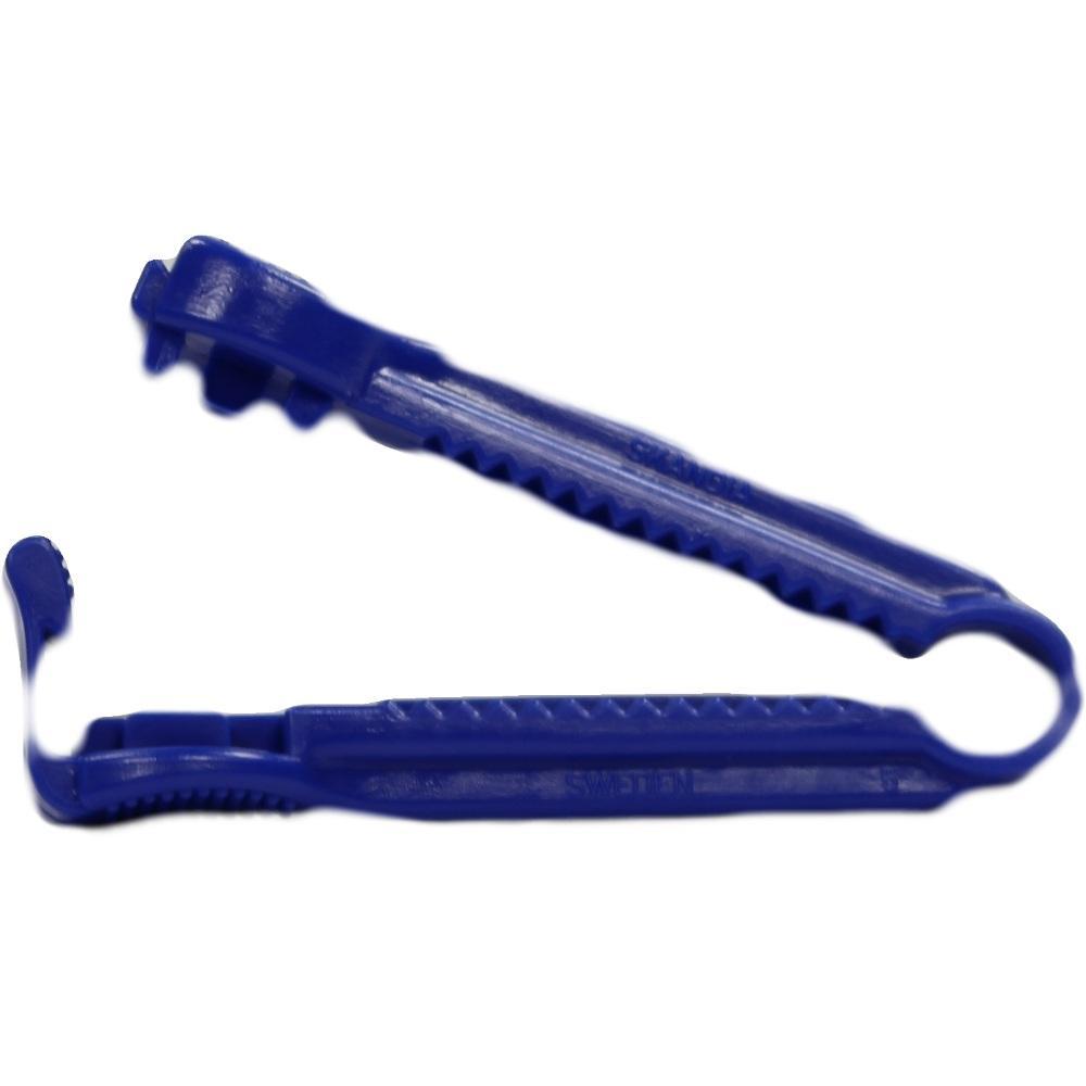 Blaue Kunststoff-Pinzette mit gezackten Griffen.