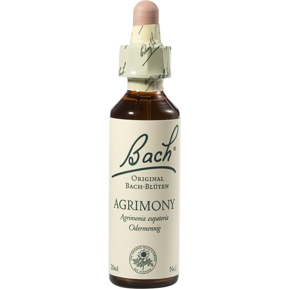 Eine Flasche mit Bachbl&uuml;ten-Essenz namens Agrimony steht aufrecht.