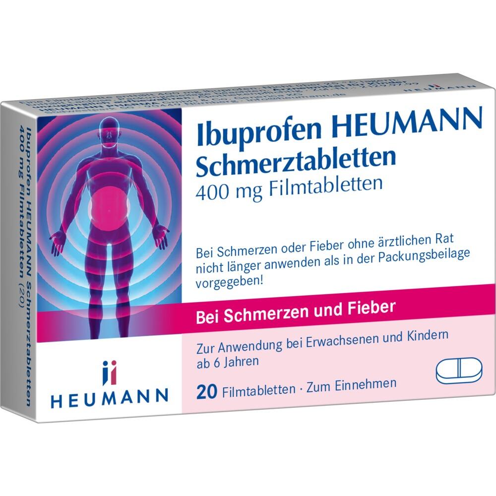 Verpackung von Ibuprofen-Schmerztabletten 400 mg für Erwachsene und Kinder ab 6 Jahren.