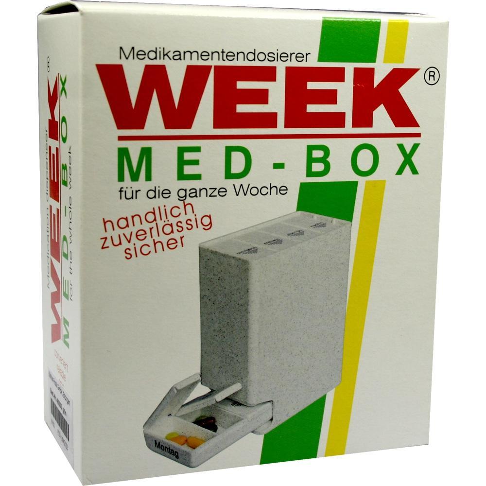 Medikamentendosierer-Box f&uuml;r eine Woche mit einer kleinen Schublade f&uuml;r Tabletten.