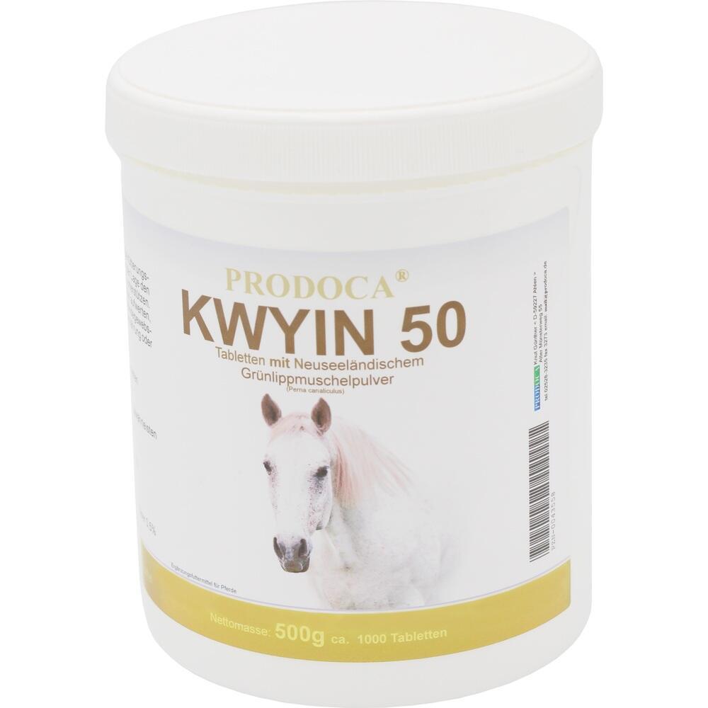 Wei&szlig;e Dose mit Pferdebild und Aufschrift "KWYIN 50" f&uuml;r Gr&uuml;nlippmuschelpulver-Tabletten.