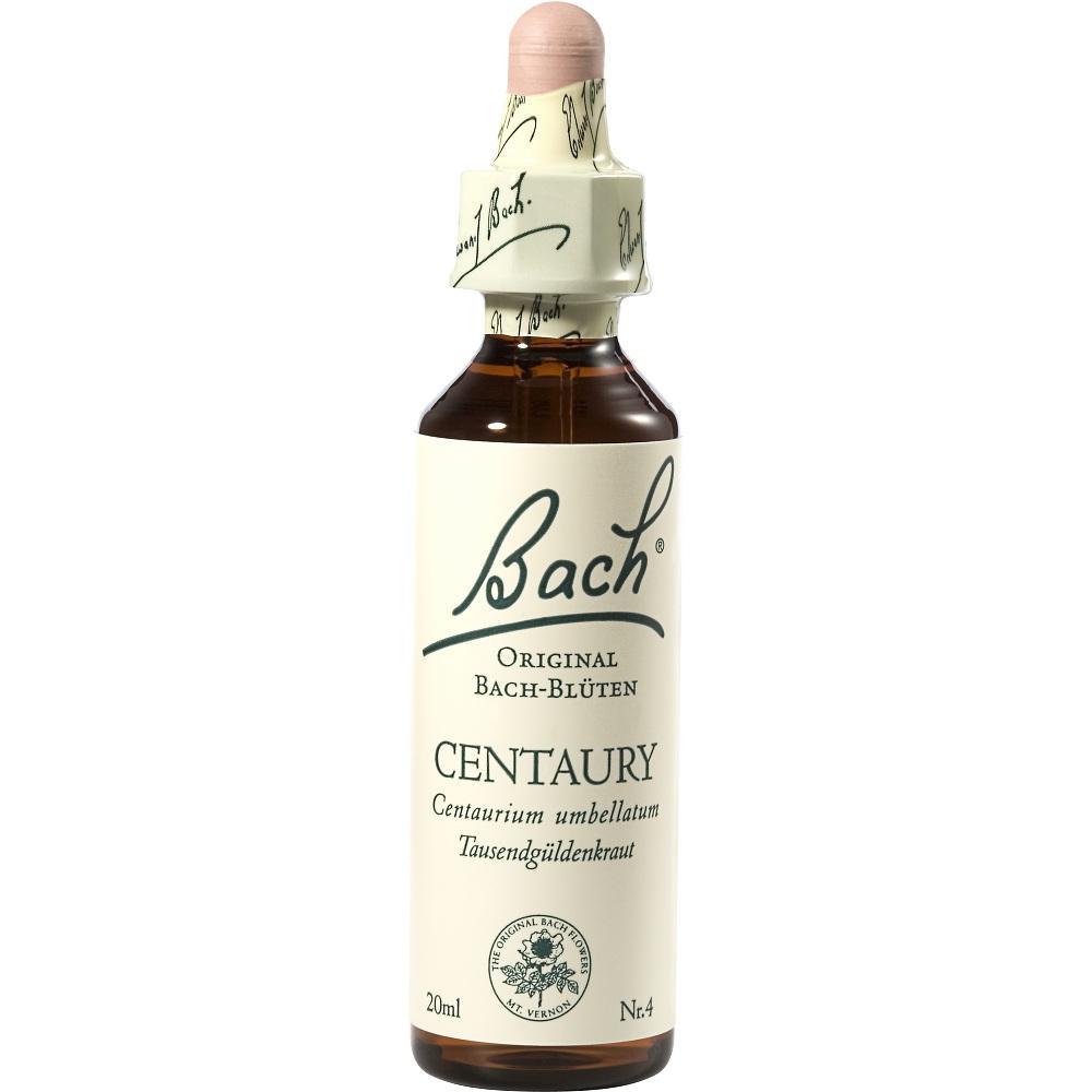 Braune Flasche mit Tropfverschluss und Aufschrift "Bach Centaury".