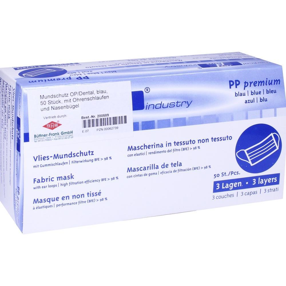 Eine Schachtel mit 50 blauen Einweg-Mundschutzmasken aus Vlies.