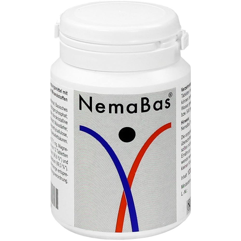 Weiße Pillendose mit der Aufschrift "NemaBas" und farbigem Design.