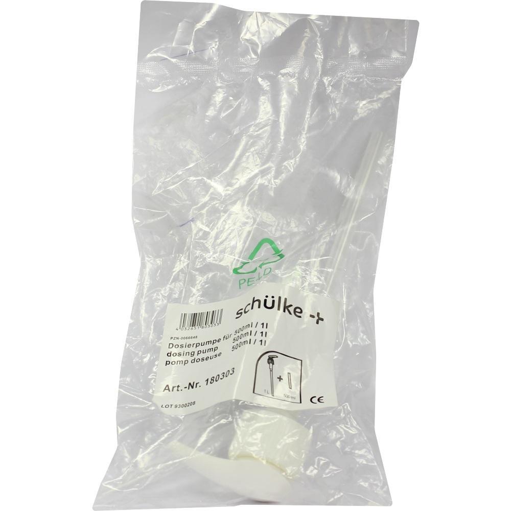 Eine weiße Dosierpumpe ist in einer durchsichtigen Plastikverpackung.