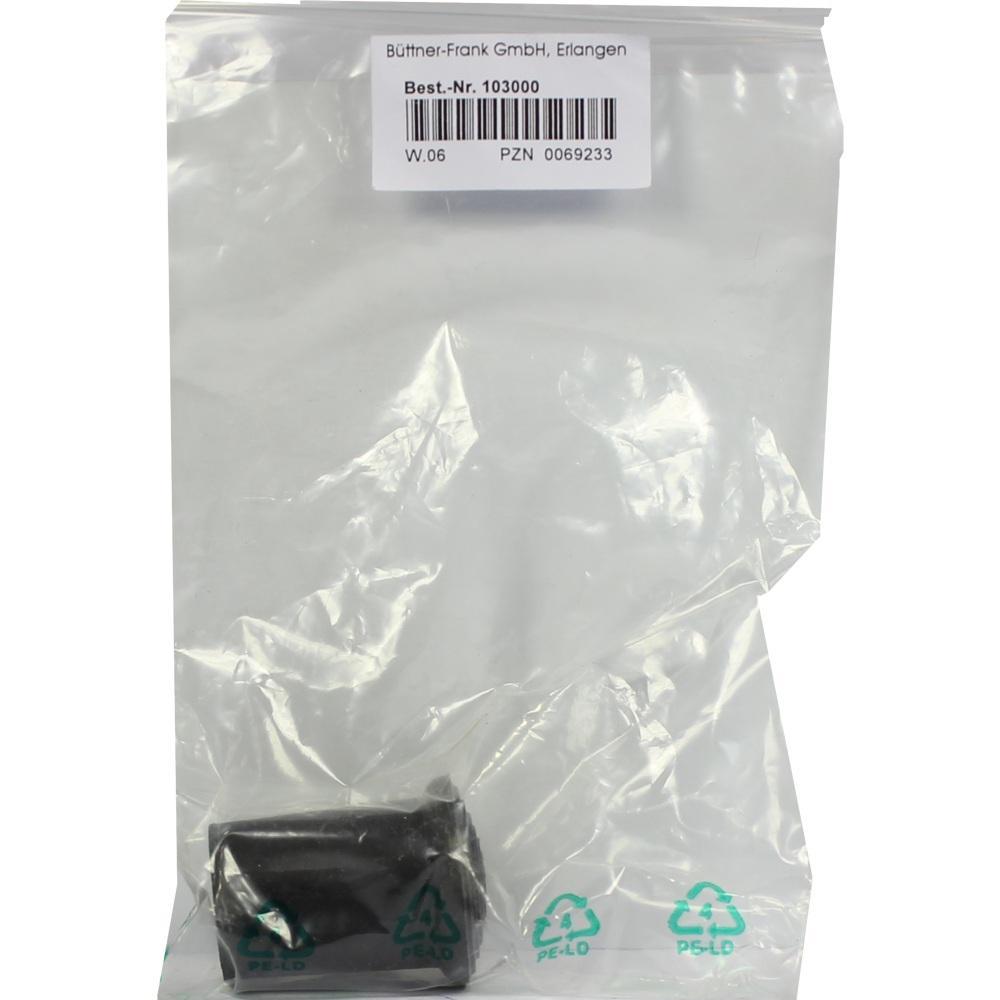 Ein schwarzes Objekt ist in einem durchsichtigen Plastikbeutel mit Etikett verpackt.