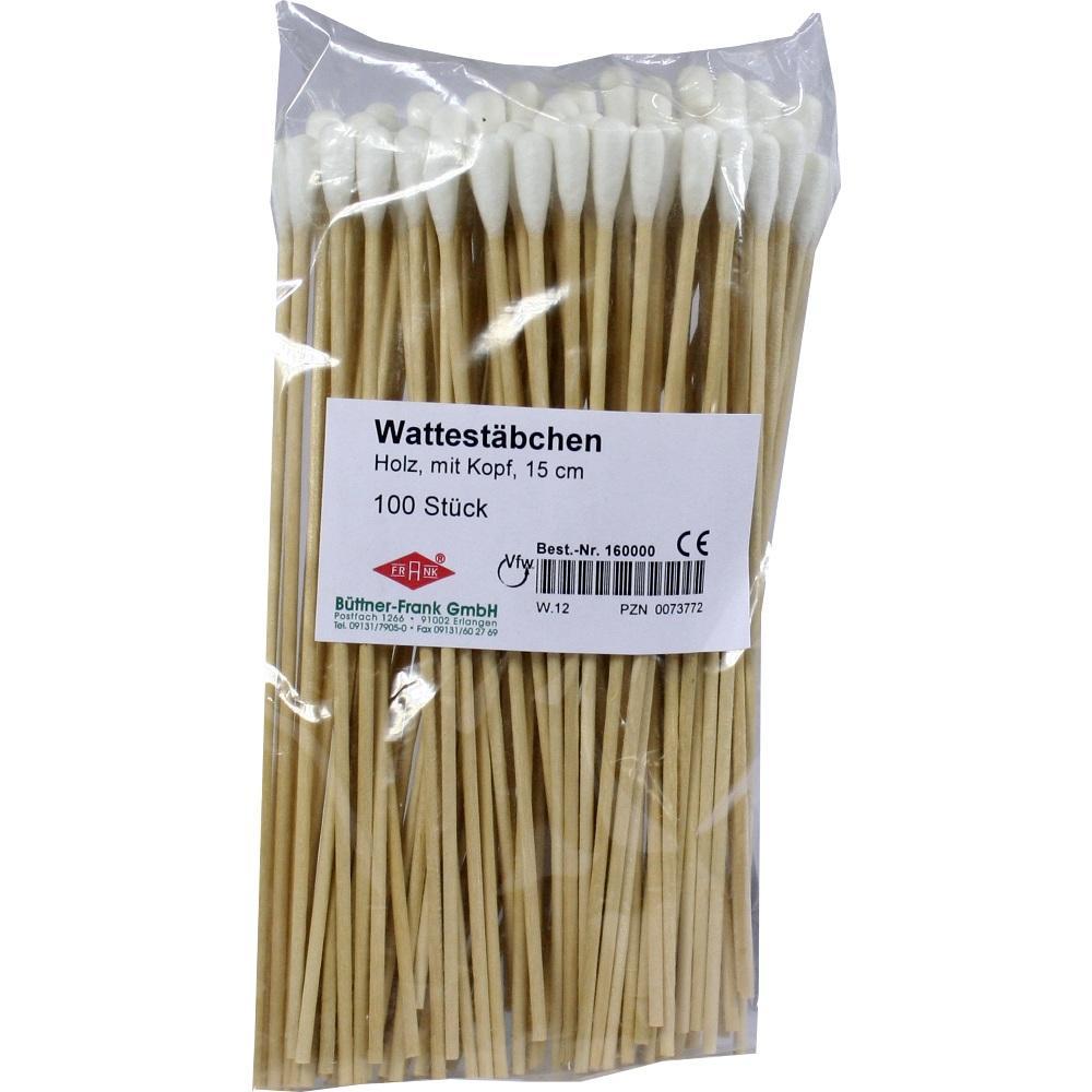 Eine Packung mit 100 Wattest&auml;bchen aus Holz mit wei&szlig;en K&ouml;pfen.