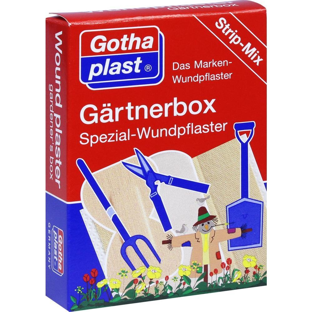 Rote Verpackung von Pflastern für Gärtner mit Gartengeräten und Vogelscheuche.