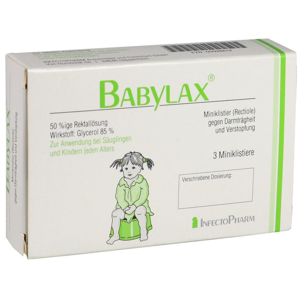 Verpackung von Babylax, einem Mittel gegen Verstopfung bei Kindern.