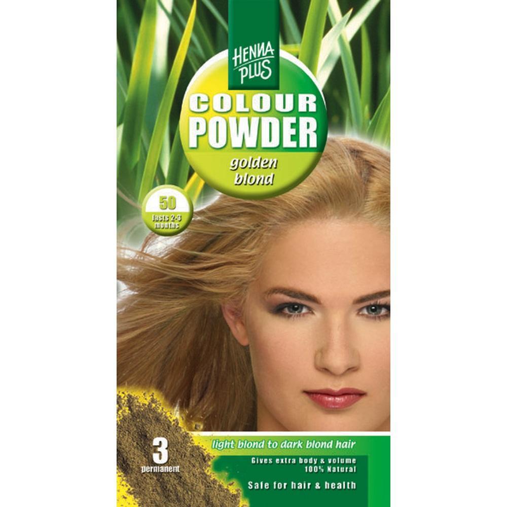 Eine Packung Haarfärbepulver für goldblonde Farben mit einem Bild einer Frau.