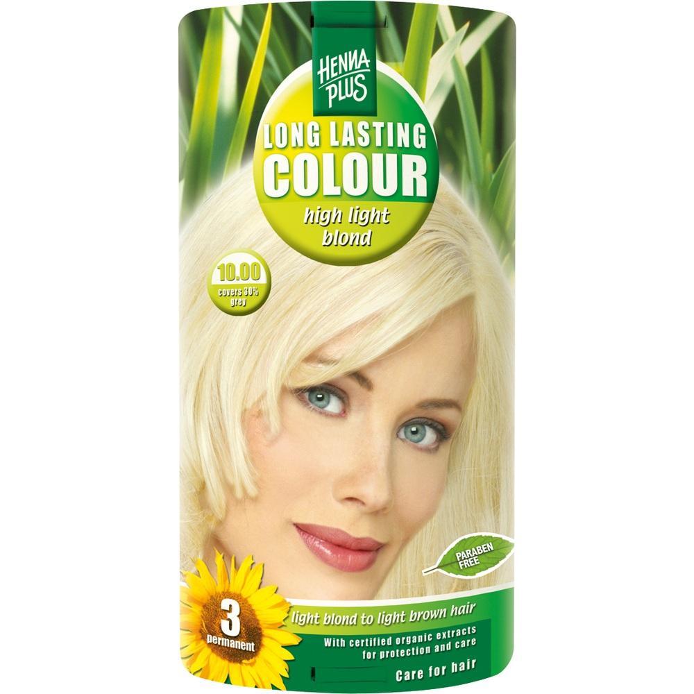 Packung einer blonden Haarfarbe mit Pflanzen-Design und dem Text "long lasting colour".