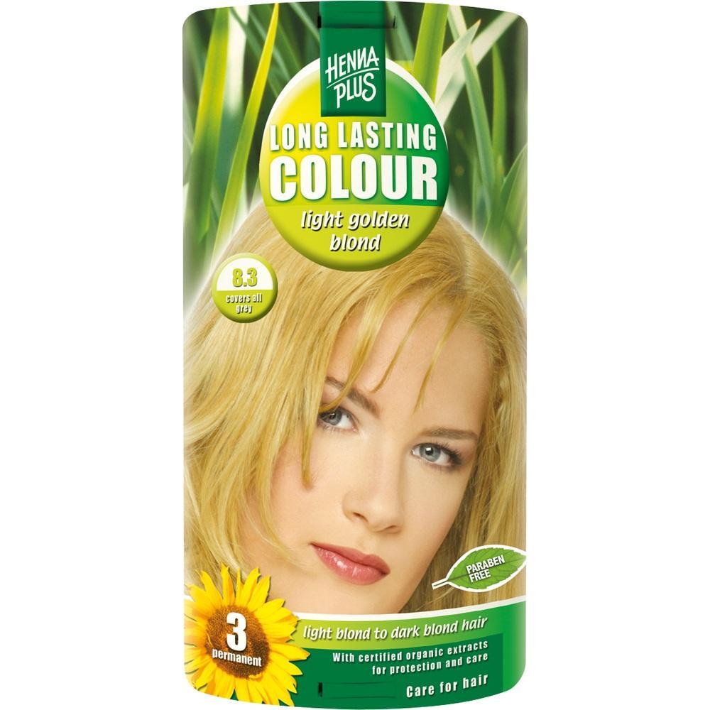 Packung Haarfarbe "light golden blond" mit Gesicht einer blonden Frau.