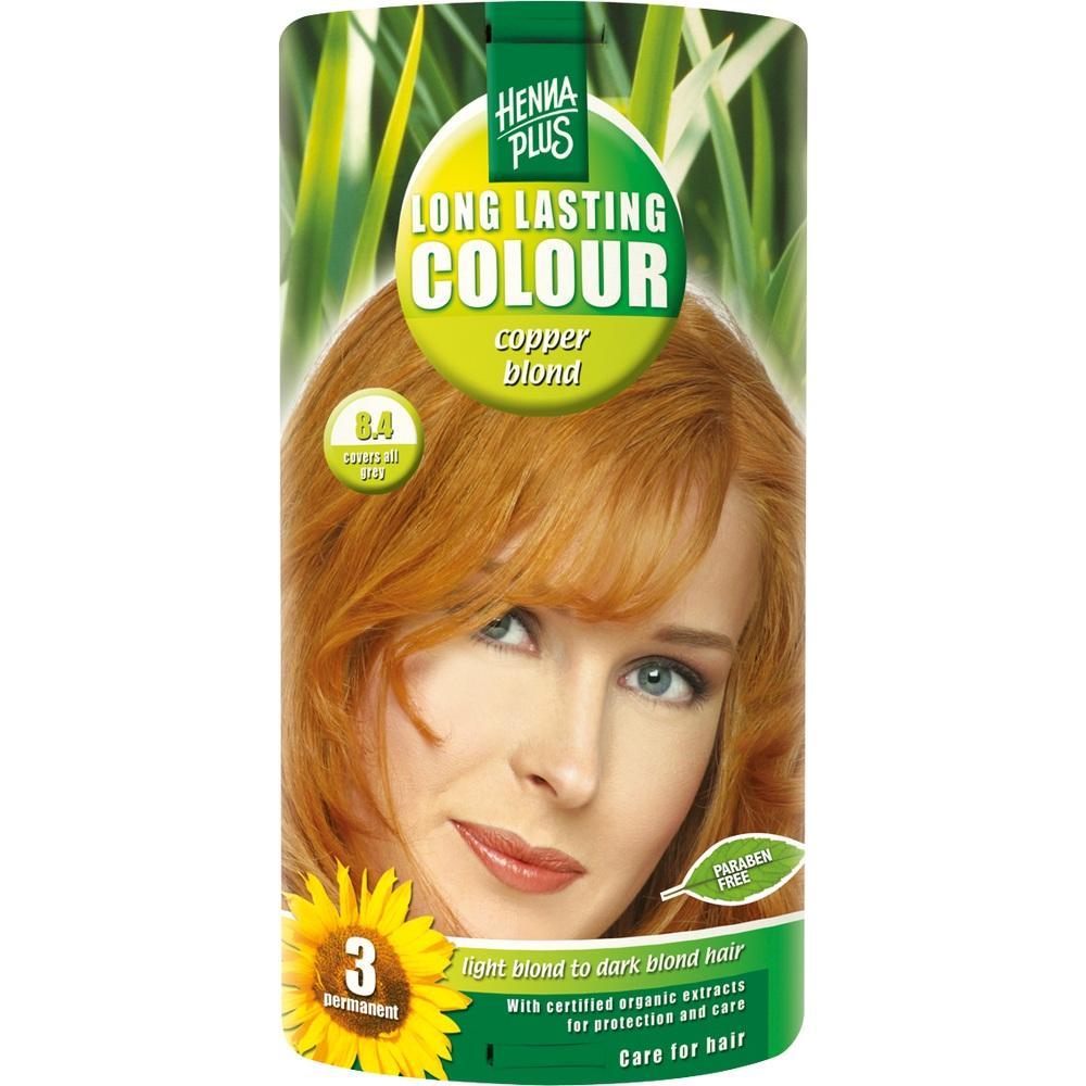 Eine Packung Haarfarbe mit dem Bild einer Frau mit kupferblonden Haaren.