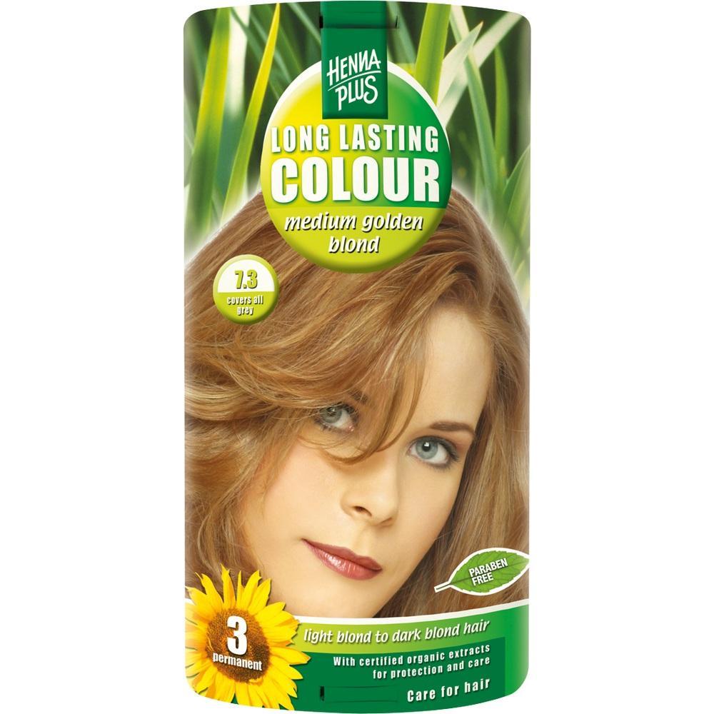 Packung mit Haarfarbe in mittlerem goldblond und einem Bild von einer Frau mit blonden Haaren.