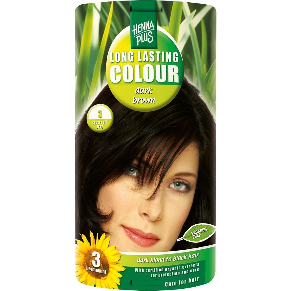 Verpackung einer Haarfarbe in Dunkelbraun mit Frau und Blumenmotiv.