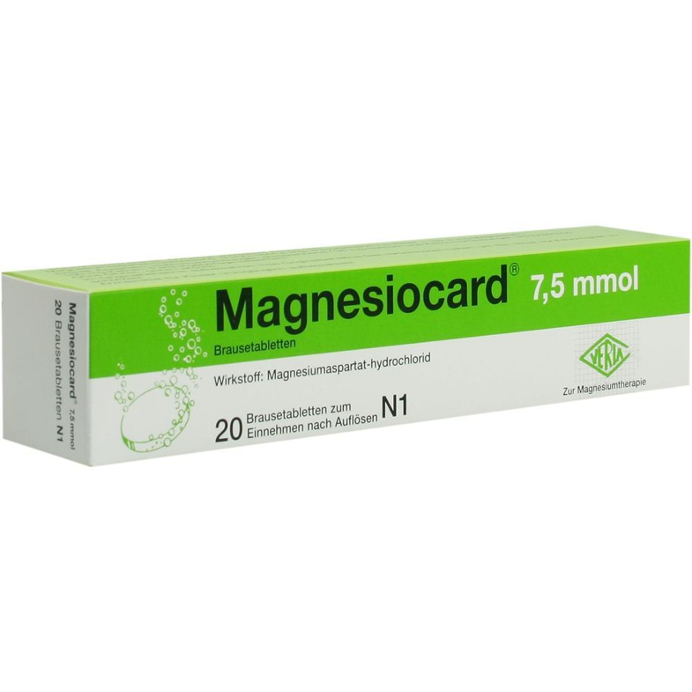 Eine gr&uuml;ne Medikamentenschachtel mit 20 Brausetabletten namens "Magnesiocard".
