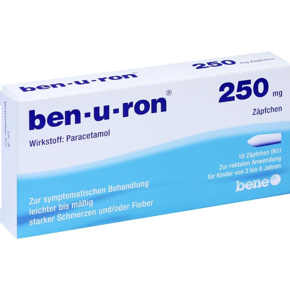Weiße Medikamentenschachtel mit der Aufschrift "ben-u-ron 250 mg Zäpfchen".