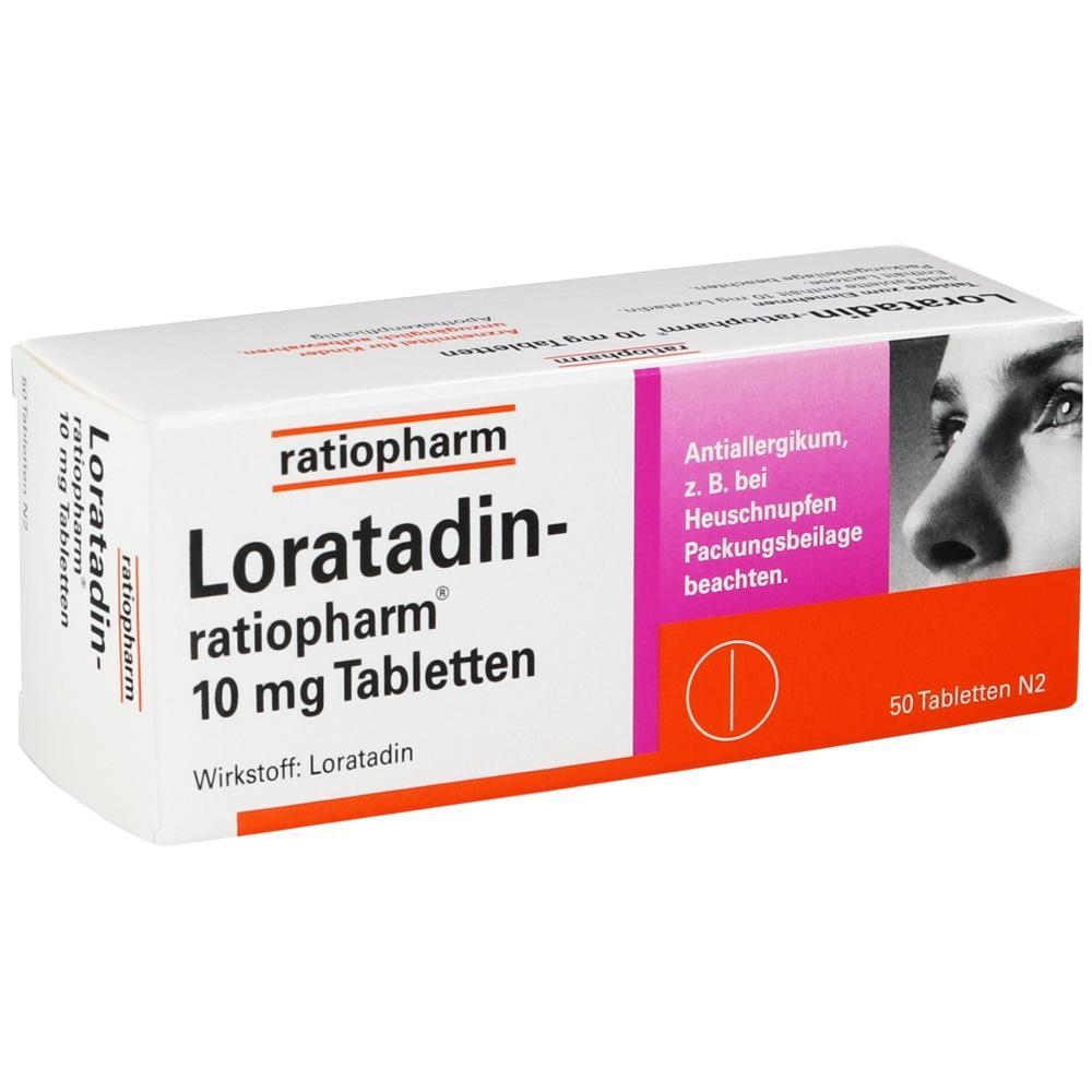 Eine Schachtel Loratadin-Tabletten von Ratiopharm zur Behandlung von Allergien.