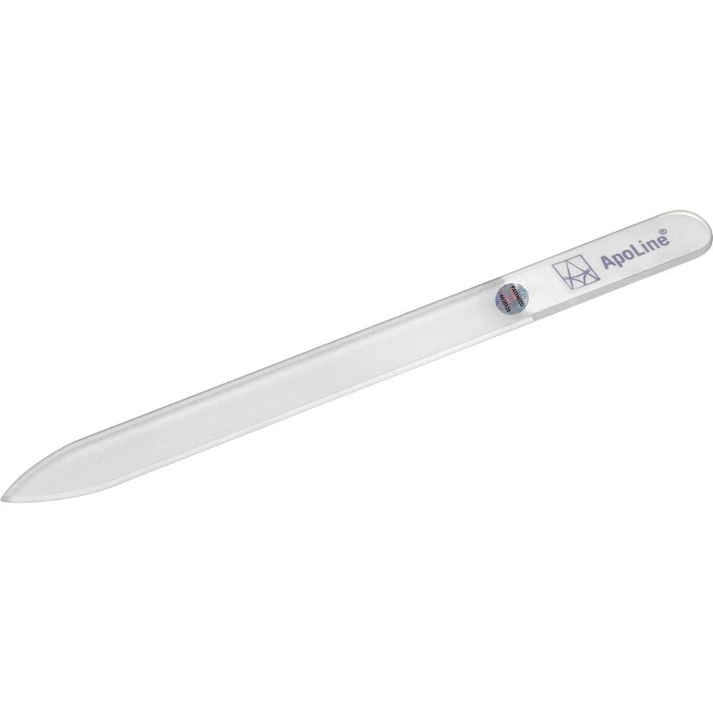 Eine durchsichtige Glas-Nagelfeile mit abgerundetem Griff.