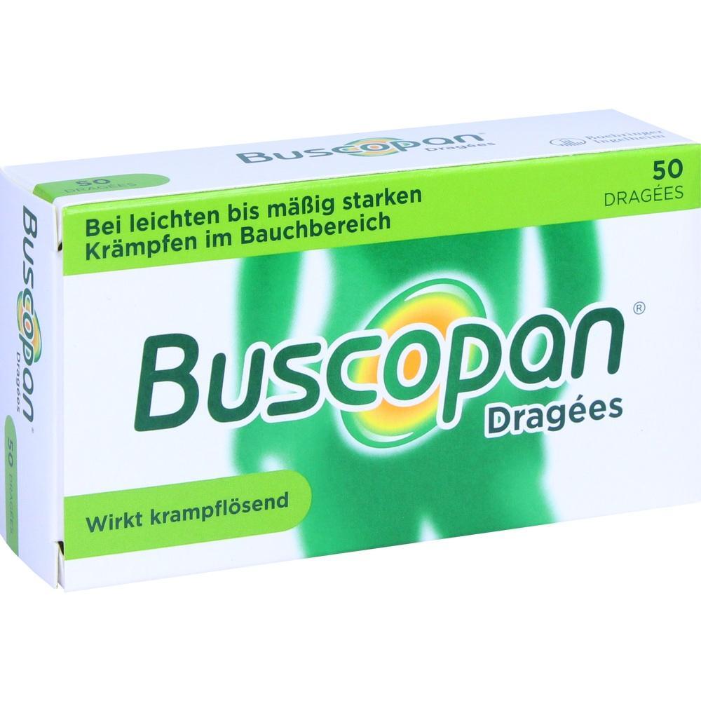 Packung von Buscopan Tabletten gegen Bauchkrämpfe in weiß und grün.
