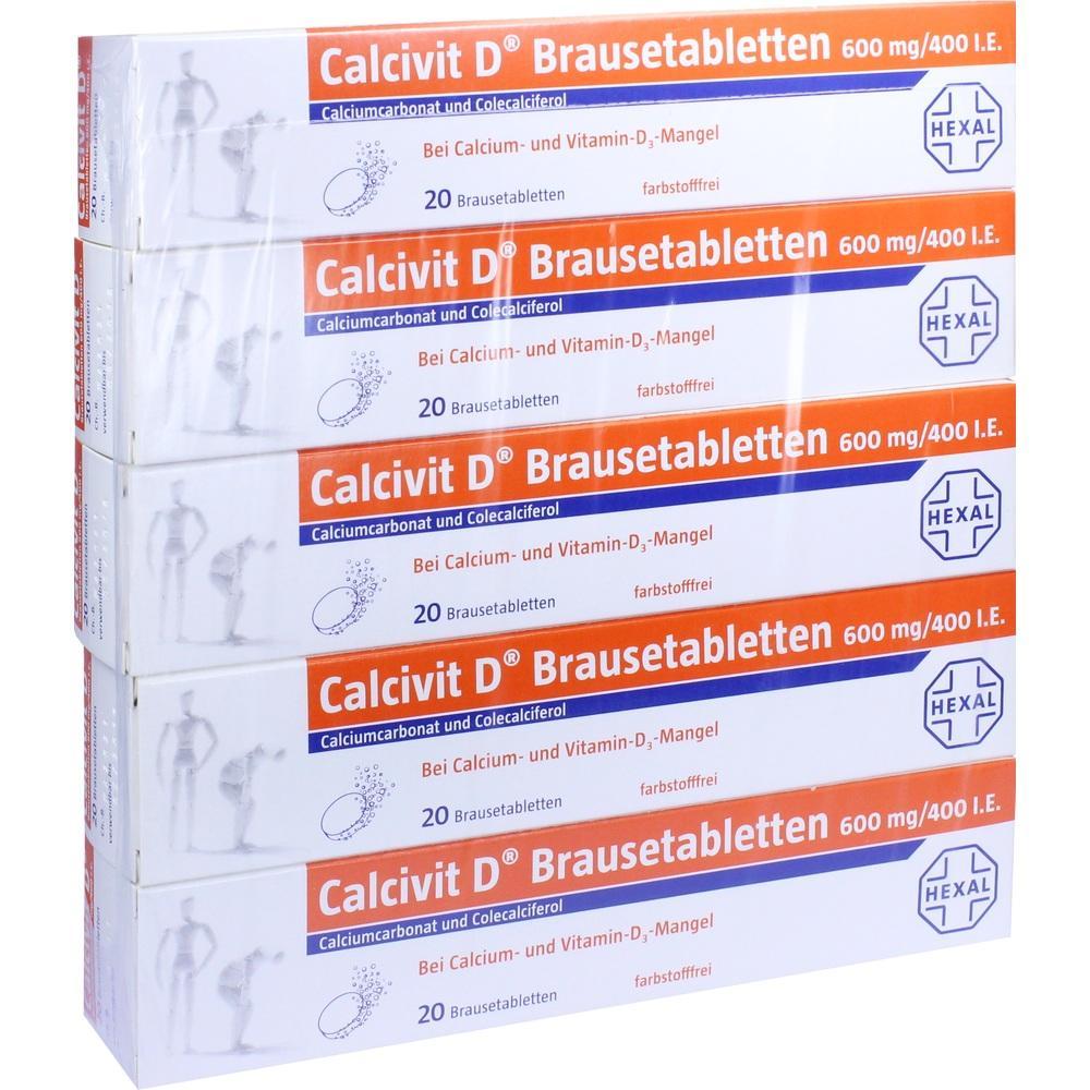 Sechs Packungen CalciVit D Brausetabletten in einer Stapelansicht.