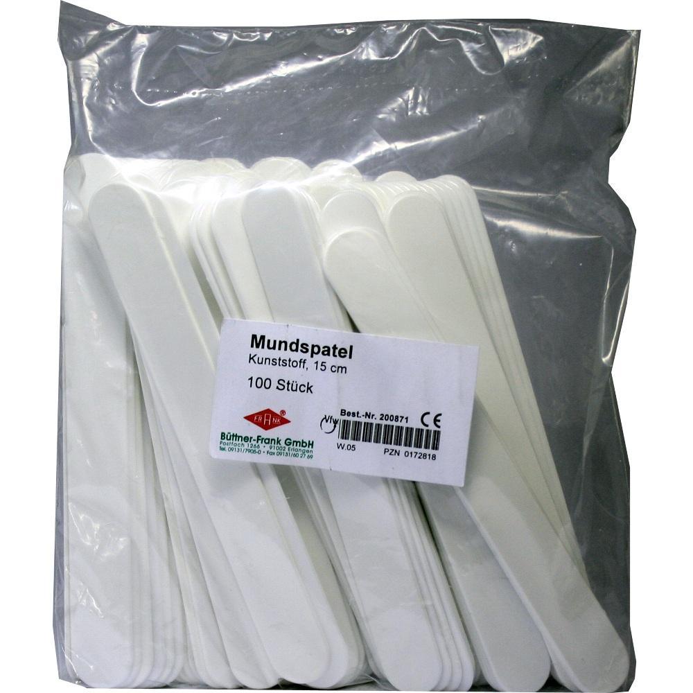 Eine Packung mit 100 wei&szlig;en Kunststoff-Mundspateln.