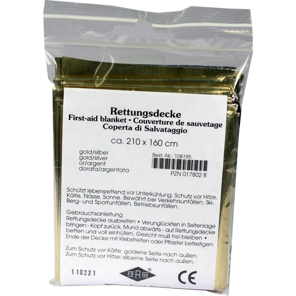 Eine verpackte Rettungsdecke in Gold und Silber mit Gr&ouml;&szlig;enangabe und Gebrauchsanweisung.