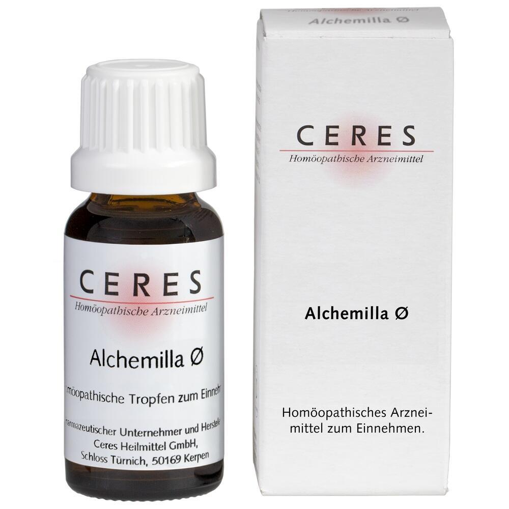 Kleines Fläschchen und Schachtel eines homöopathischen Mittels mit der Aufschrift "CERES Alchemilla".