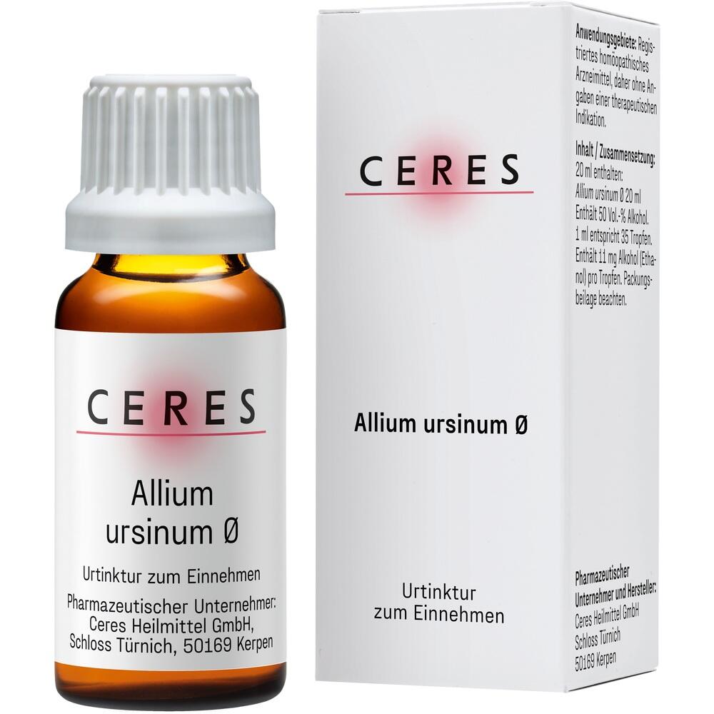 Braunes Fläschchen mit weißer Kappe und Verpackung, beschriftet mit "CERES Allium ursinum Ø".