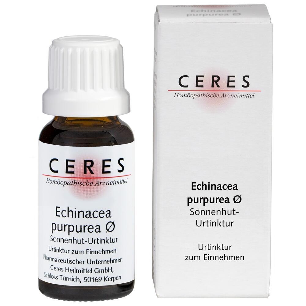 Braunes Fläschchen und Verpackung mit der Aufschrift "Ceres Echinacea purpurea".