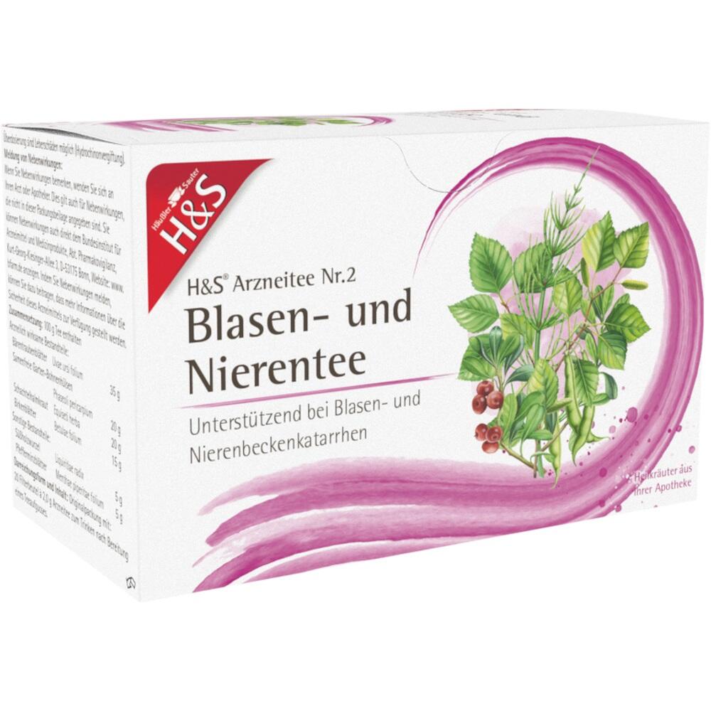 Packung mit H&S Blasen- und Nierentee aus Heilkräutern zur Unterstützung bei Blasenproblemen.