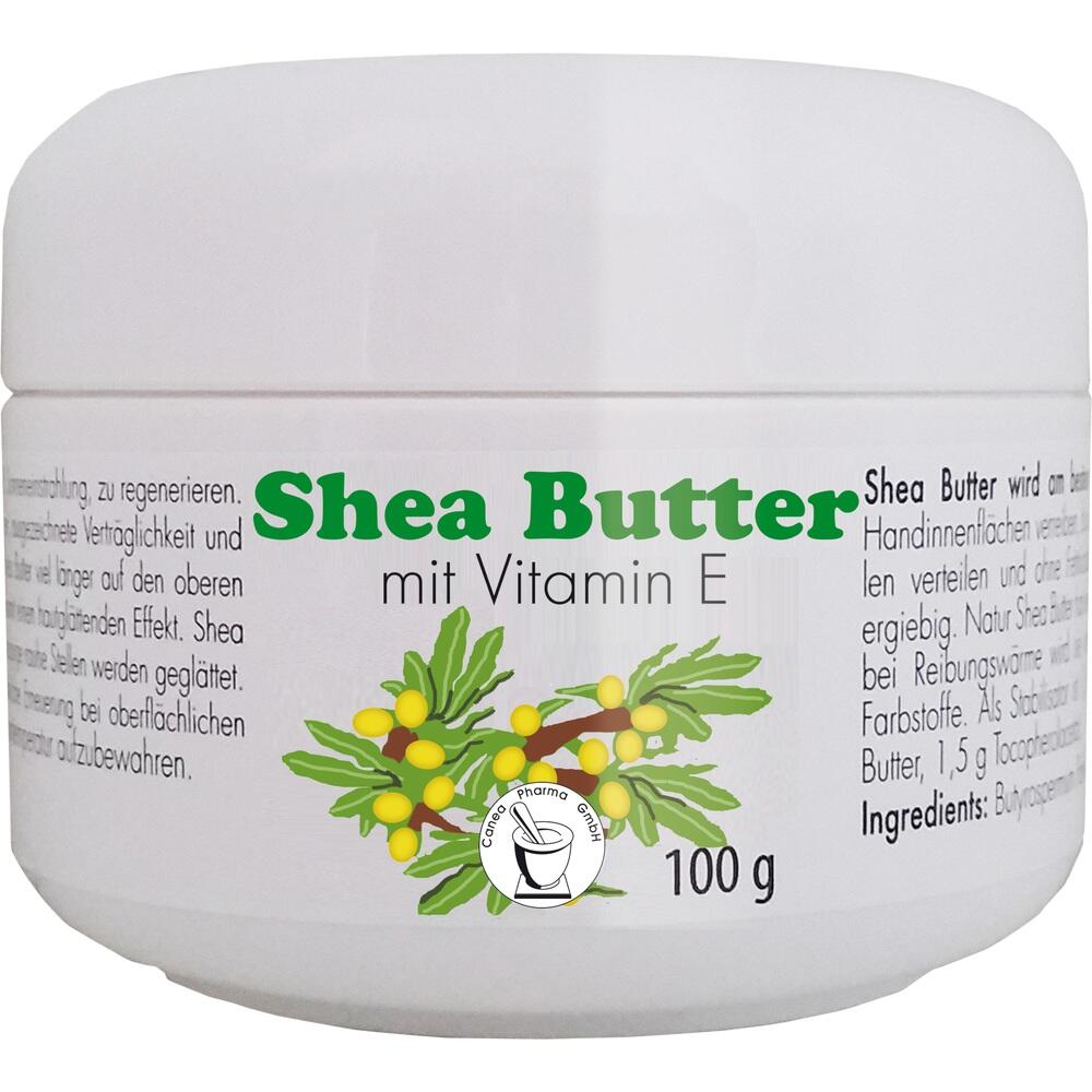 Runde Dose mit Shea-Butter und Vitamin E, 100 Gramm, auf weißem Hintergrund.