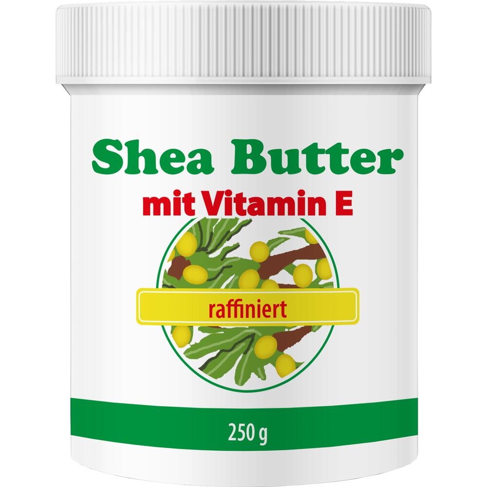 Dose mit Shea-Butter, Vitamin E, 250 g, abgebildete Pflanzen.