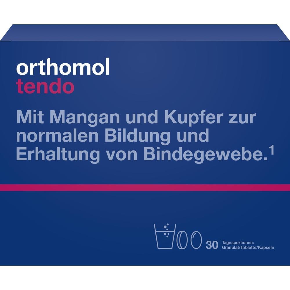 Blaue Packung mit Text: "orthomol tendo, mit Mangan und Kupfer für Bindegewebe".