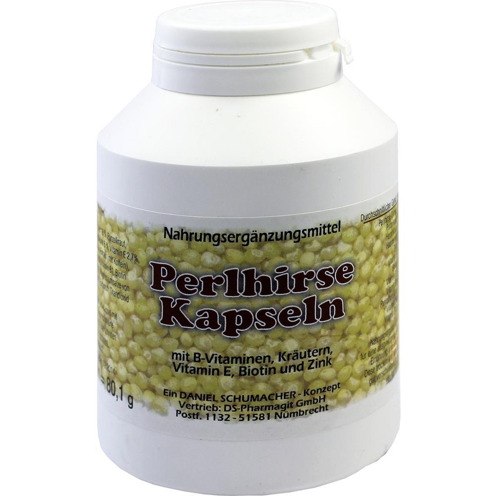 Eine weiße Dose mit der Aufschrift "Perlhirse Kapseln" steht aufrecht.